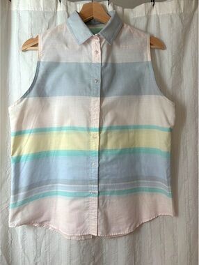 Vintage Alicia Sleeveless Button-Up Shirt with Pastel Stripes #80s #preppy